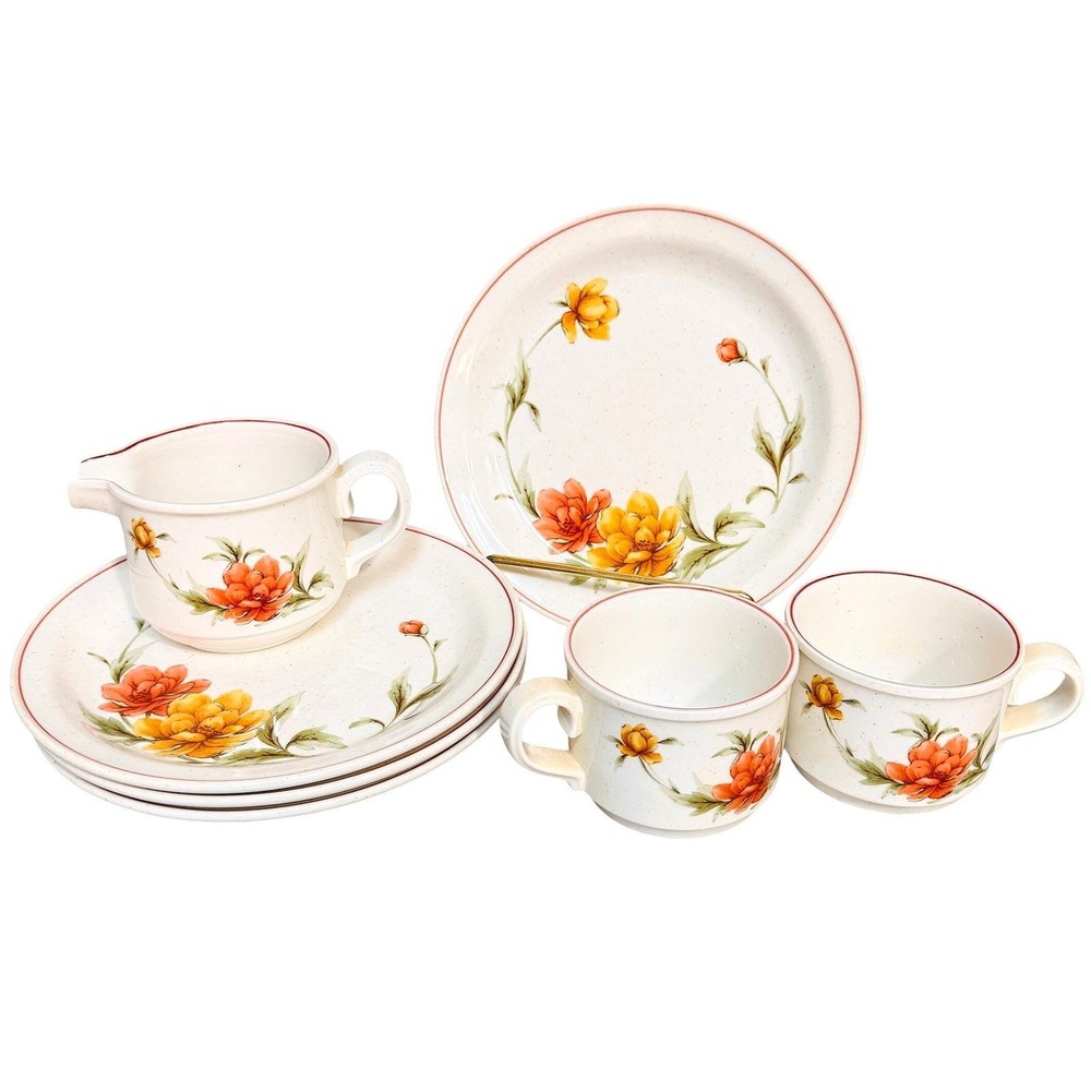 Noritake Roanoke‎ Floral Stoneware Creamer Dessert Set Vintage Japan Orange 70's